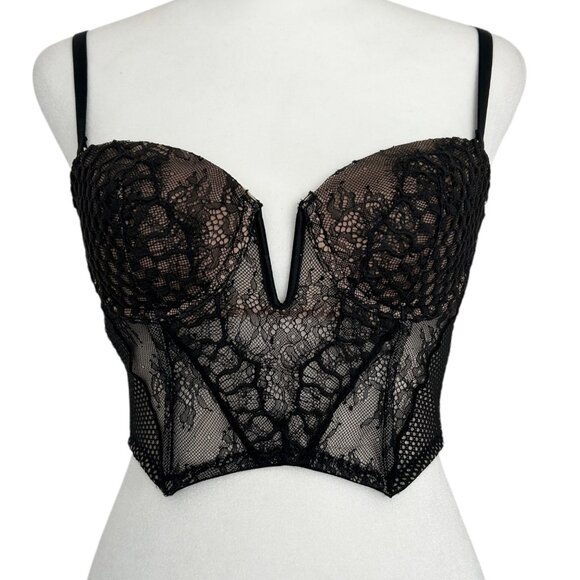 Victoria's Secret Black Floral Lace Corset Bustier Top Bra Vamp Witchy Goth 32C - Picture 1 of 15